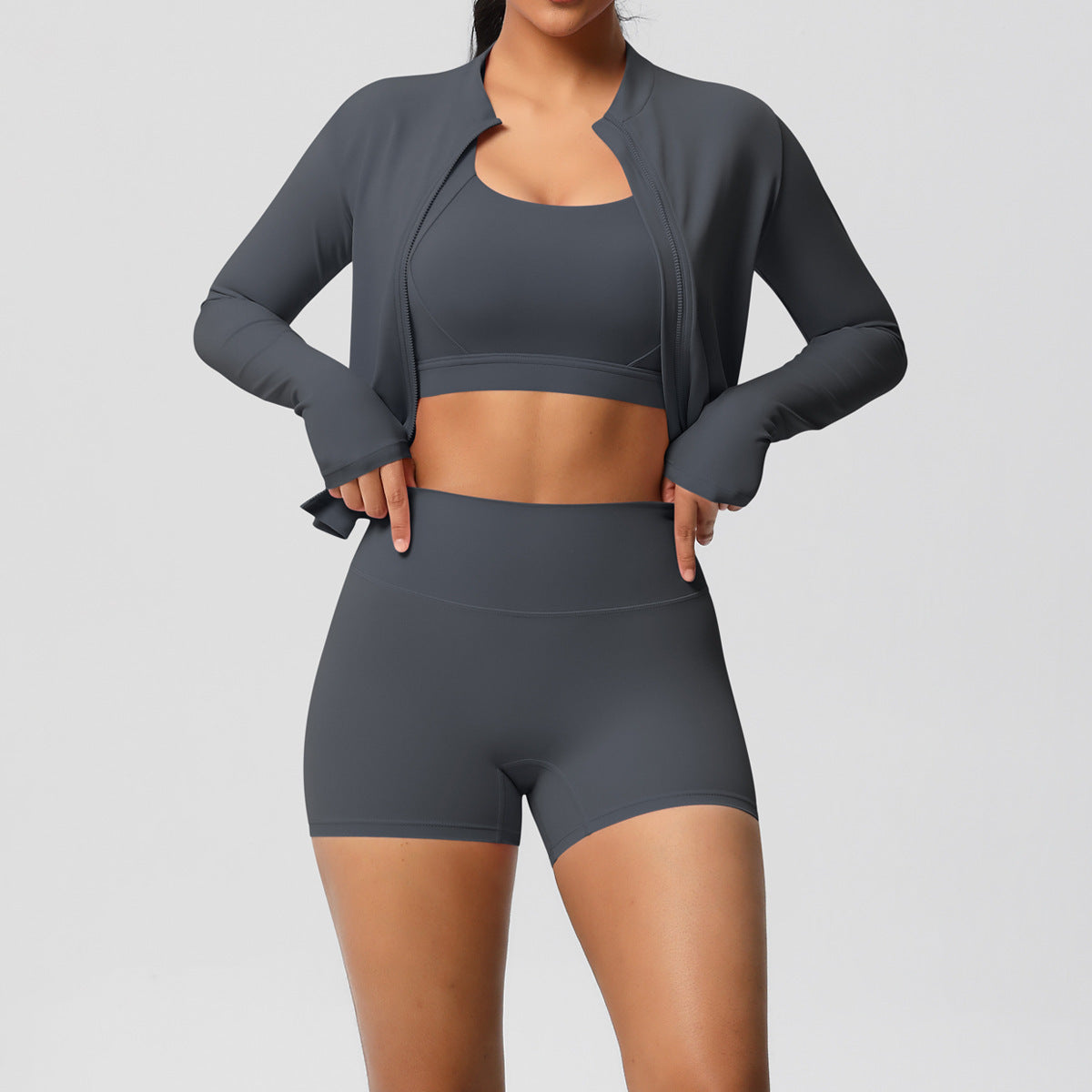 Solid Color Cloud Sense Yoga Bra Sports Coat Pilates Running Shorts Fitness Yoga Wear Three Piece Set for Women
